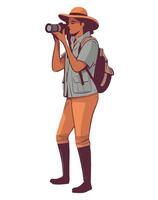 A woman in a hat and backpack is looking through a telescope vector