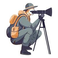 A man with a camera and backpack is kneeling down vector