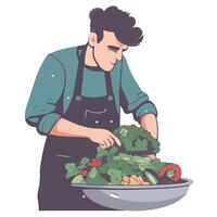 A man is preparing vegetables in a bowl vector