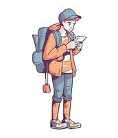 A cartoon boy with a backpack and a phone vector