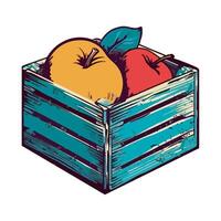 A wooden crate with apples and a leaf vector