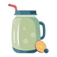 A jar of green smoothie with a straw and a slice of lemon vector