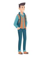 A man with a backpack standing with his hands in his pockets vector