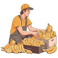 A man is sitting in front of a box of bananas vector