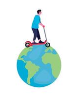 A man on a scooter is riding on top of the globe vector