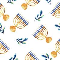 Seamless pattern with menorah and leaves vector