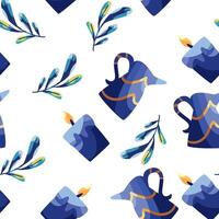 A blue and gold pattern with candles and leaves vector