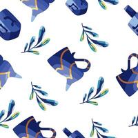 A blue and yellow pattern with a bottle and a leaf vector