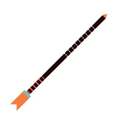A long spear with a red and black handle
