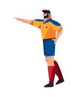 A man in a soccer uniform pointing to the right vector