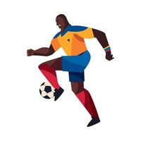 A soccer player in a yellow and blue uniform is kicking the ball vector
