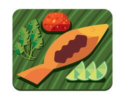 A fish and some vegetables on a green plate vector