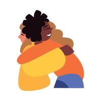 Two people hugging, one is black and one is white vector