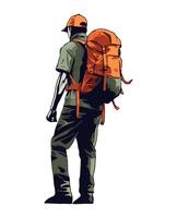 A man with a backpack walking in the woods vector