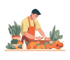 Man chopping vegetables and fruits on a table vector