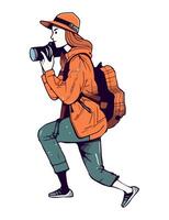 A woman with a camera and backpack is walking vector