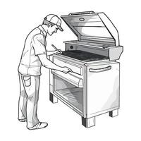 A man is standing next to a grill and opening the door vector