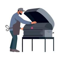 A man in apron and hat is cooking on a grill vector