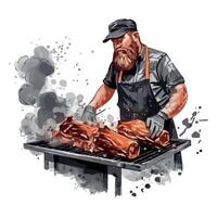 Bearded man grilling meat on the grill vector