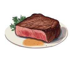 A steak on a plate with sauce and parsley vector