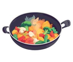 A pan full of vegetables and meat vector