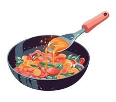 A pan with vegetables and sauce being poured into it vector