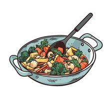 A drawing of a pan with vegetables and a spoon vector