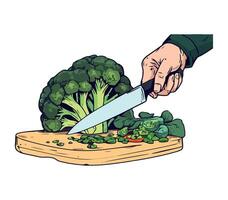 Hand cutting broccoli on cutting board illustration vector