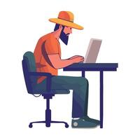 A man in a hat is sitting at a desk with a laptop vector