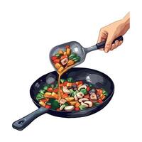 A person is stirring food into a pan with a spoon vector