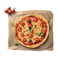 Pizza with tomatoes and basil on a parchment paper vector