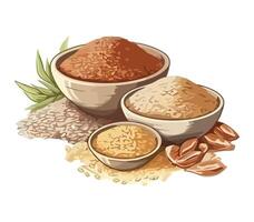 A bowl of rice, a bowl of wheat and a bowl of nuts vector