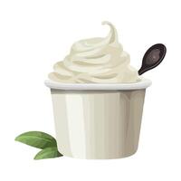 Yogurt with spoon and leaves on white background vector