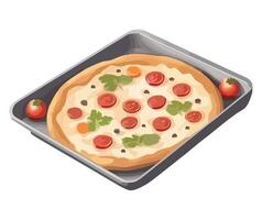 Pizza in a pan with tomatoes and herbs on a white background vector