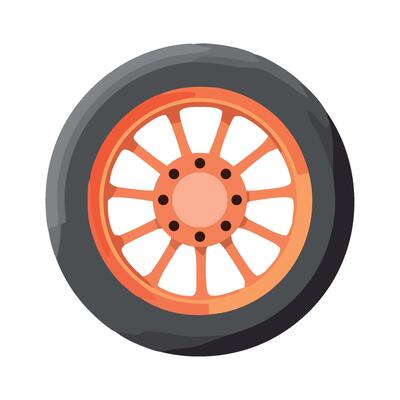A car wheel with orange spokes on a white background
