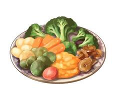 A plate of vegetables and mushrooms on a white background vector