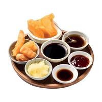 A wooden tray with various dipping sauces vector