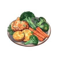 A plate with broccoli, carrots and chicken vector