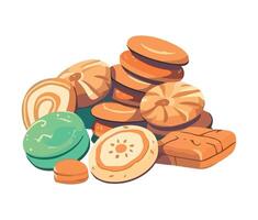 A pile of different kinds of cookies and pastries vector