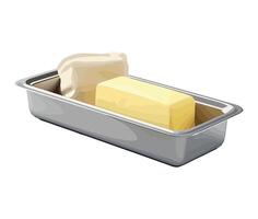 Butter and bread in a metal tray on a white background vector