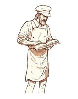 A man in an apron is reading a book vector