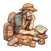 An old man with a hat and a book is sitting at a table with bread and cookies vector