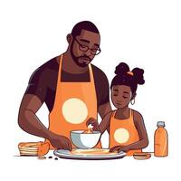 An illustration of a father and daughter making pancakes vector