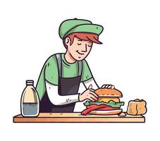 A man in an apron is making a hamburger vector