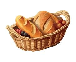 Basket with bread and fruit on a white background vector