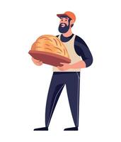 A man with a beard and hat is holding a loaf of bread vector