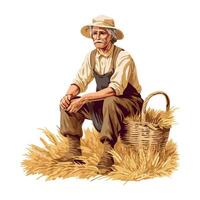 An old farmer sitting in the field with a basket of wheat vector