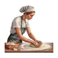A woman in an apron kneading dough on a table vector