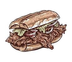 A drawing of a beef sandwich with lettuce and onions vector