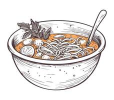A bowl of noodles with broth and vegetables vector